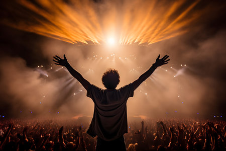 Silhouette of a man with raised hands at a music festivalの素材