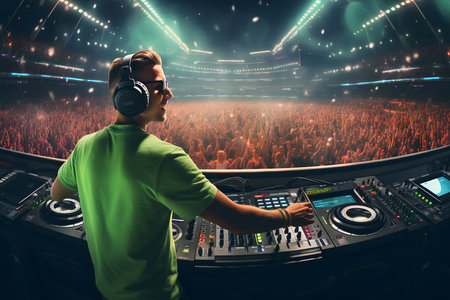 DJ playing music on a dj's deck at a live concert.の素材
