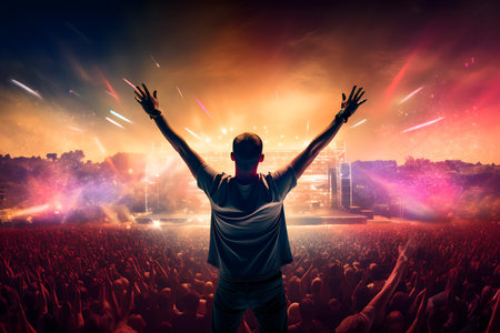 Silhouette of a man with raised hands at a music festivalの素材
