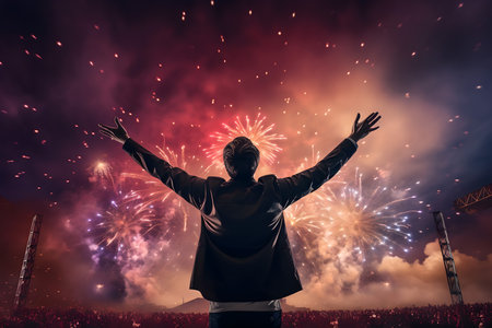 Rear view of businessman with hands up celebrating success in front of fireworksの素材
