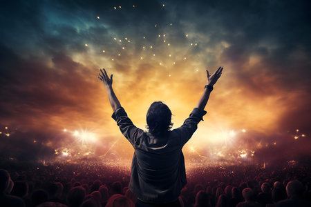 Silhouette of a woman with hands raised at a music festivalの素材