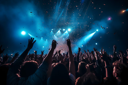 Crowd cheering at a music festival, hands raised in the airの素材