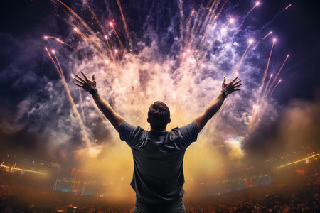 Rear view of a man cheering at a football stadium with fireworks exploding around himの素材