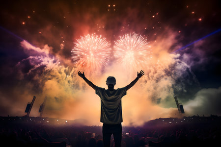 Silhouette of a man with raised hands and fireworks in the backgroundの素材