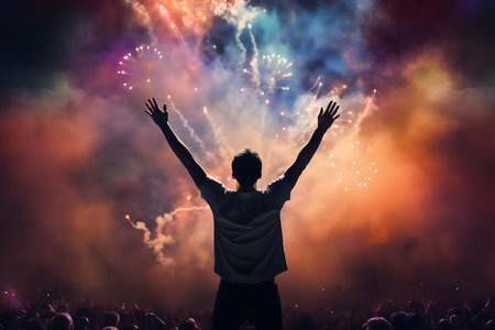 Silhouette of a man with raised hands and fireworks on the backgroundの素材