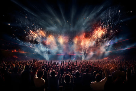 Concert crowd with hands raised at a music festival and fireworks explodingの素材