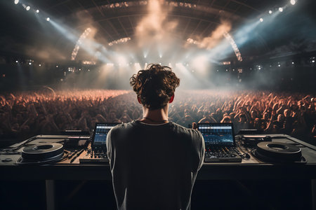 Back view of disc jockey in front of a live concert stageの素材
