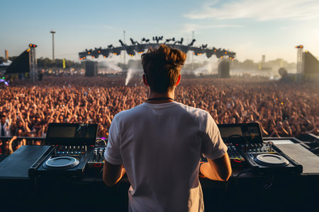 Back view of a young man dj in front of the crowd at a music festivalの素材