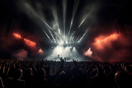 Concert crowd in front of a bright stage with lights and smokeの素材