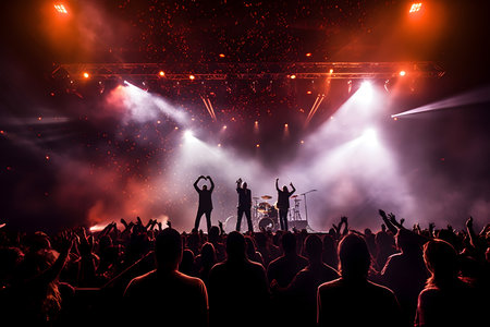 Silhouettes of concert crowd in front of a bright stage lightsの素材
