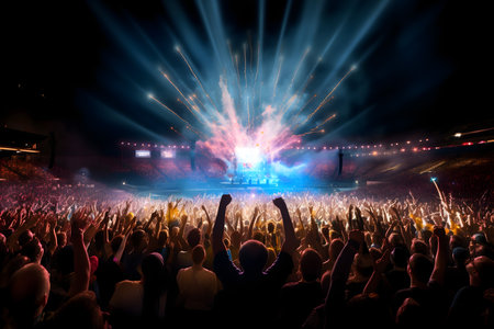 Concert crowd at a music festival, cheering crowd at a live concertの素材
