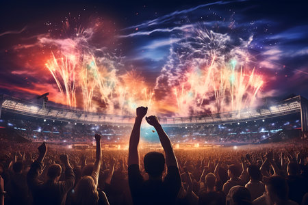 Silhouette of cheering crowd against fireworks exploding over a football stadiumの素材