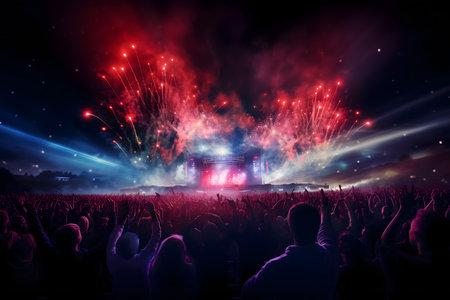 Crowd at concert with fireworks in the background. Celebration and entertainment conceptの素材