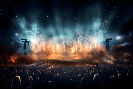 Concert crowd in front of stage lights with smoke and fire.の素材