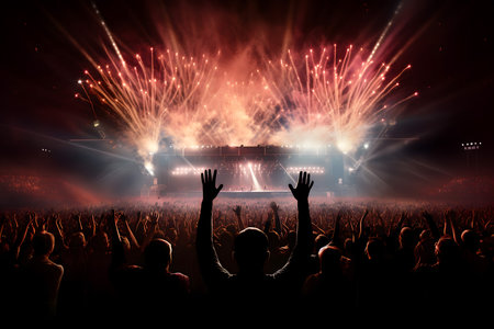 Concert crowd at a music festival with raised hands and fireworks in the backgroundの素材