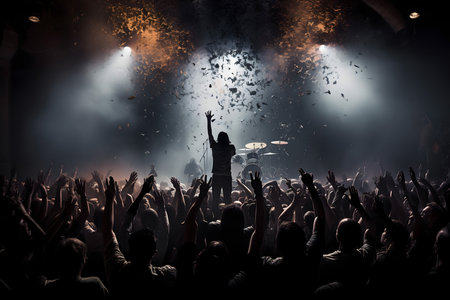 Silhouette of a concert crowd in front of a stage.の素材