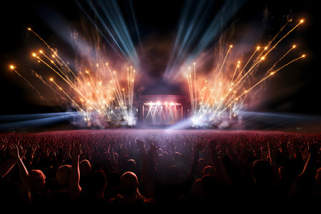 Concert crowd in front of a bright stage with lights and smokeの素材