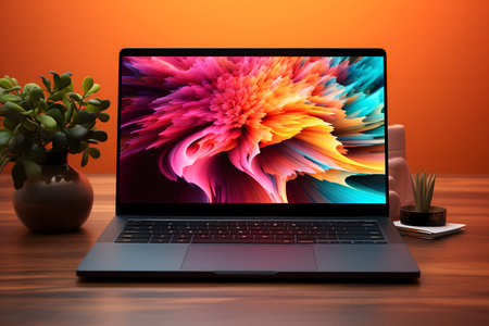 Laptop with colorful screen on wooden table. 3d rendering.の素材