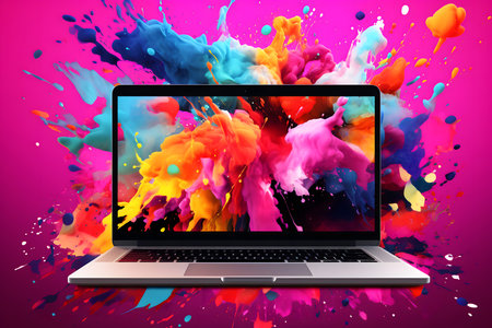 Laptop with colorful paint splashes on pink background. Vector illustrationの素材