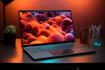 Laptop on black desk with colorful abstract background. 3d renderの素材