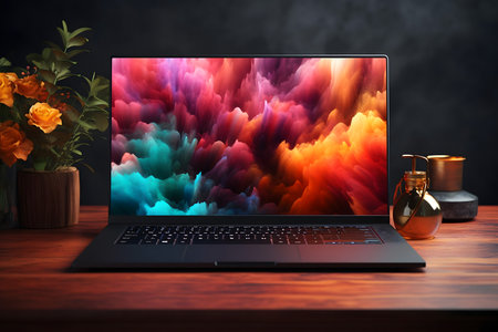 Laptop on wooden desk with colorful abstract background. 3D Renderingの素材