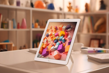 Tablet with colorful toy cubes on table in children's room, closeupの素材