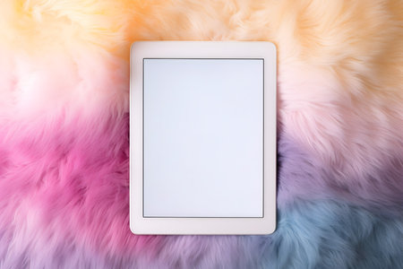 Tablet PC with blank screen on colorful fur background, top viewの素材