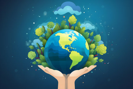 Ecology concept with hands holding earth globe and trees. World environment day vector illustrationの素材