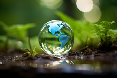 Ecology concept with glass globe on nature background. Environment conservation concept.の素材