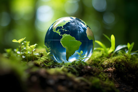 Globe and green grass on nature background. Save the world concept.の素材