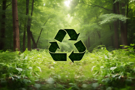 Recycling symbol in the green forest. Conceptual image.の素材