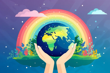 Vector illustration of hands holding earth globe. World environment day concept.の素材