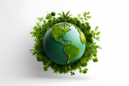 Ecology concept with green planet earth on white background, 3d renderの素材