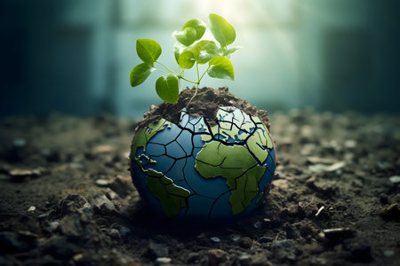Ecology concept. Earth globe with green sprout on soil backgroundの素材
