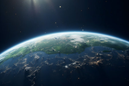 Planet Earth from space with sun and clouds. 3D rendering.の素材