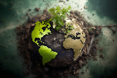 Globe and plant in soil, save the world concept, environmentの素材