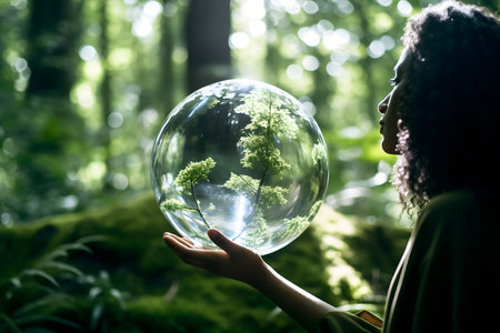 Woman holding a glass ball in the forest. Environment protection concept.の素材