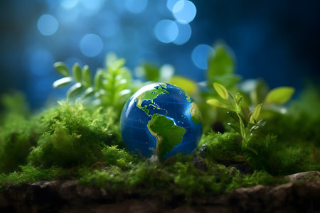 Globe and green plant on nature background. Save the earth concept.の素材