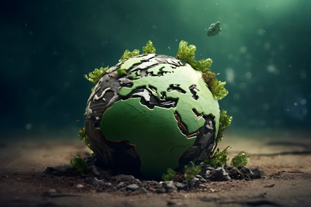 Globe with green sprout growing out of soil. Ecology conceptの素材