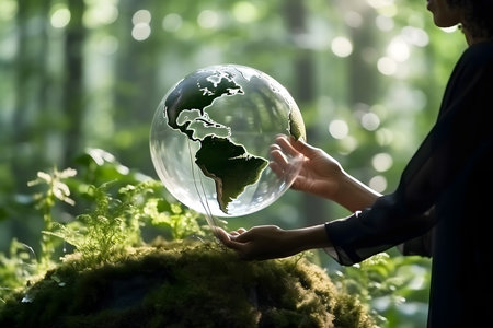 Human hands holding Earth globe in the forest. Environment conservation concept.の素材