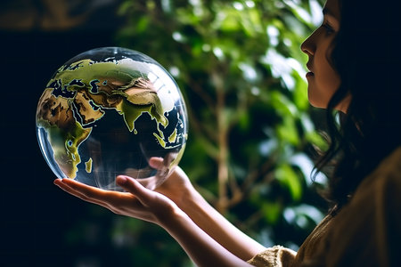 Woman holding glass globe with world map in her hands. Earth day conceptの素材