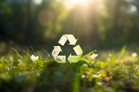 Recycling symbol on green grass with bokeh background.の素材