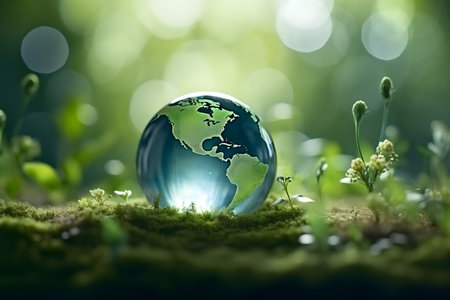 Glass globe on green moss. Environment conservation concept. 3D Renderingの素材