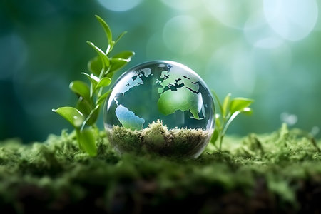 Glass globe on green moss and nature background. Environment conservation concept.の素材