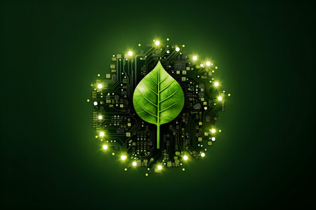 Circuit board with green leaf. Ecology concept. Vector illustration.の素材