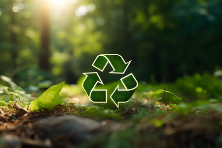 Recycling symbol on nature background. Environment protection and ecology concept.の素材