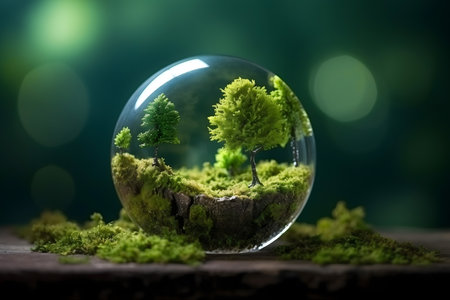 Glass globe with green forest inside on wooden background. Ecology concept.の素材