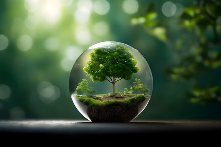 Glass sphere with tree inside. Eco concept. 3D Renderingの素材