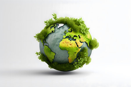 Ecology concept. Earth globe with green leaves on white background.の素材
