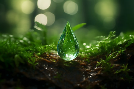 Water drop on green moss with bokeh background. Ecology conceptの素材